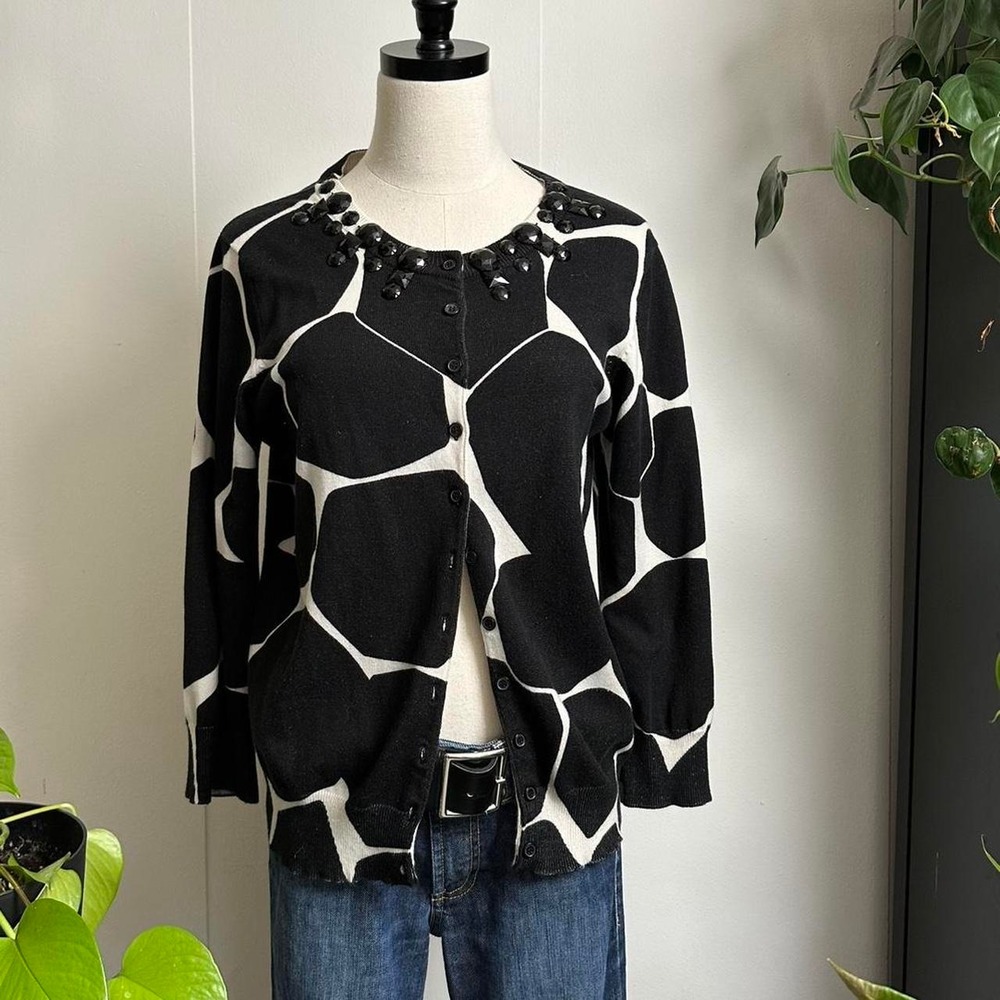 Kenar Giraffe Print Beaded Neckline Cardigan Black White 3/4 Sleeve Large
